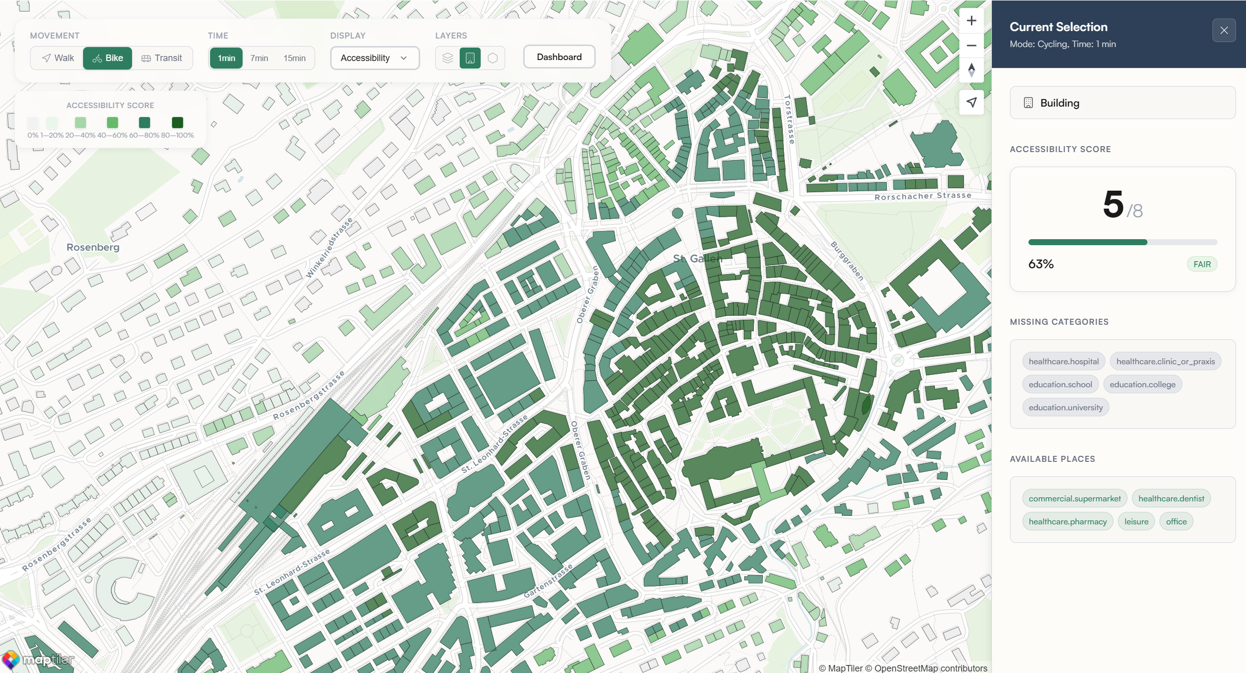 Maporra application interface showing accessibility analysis